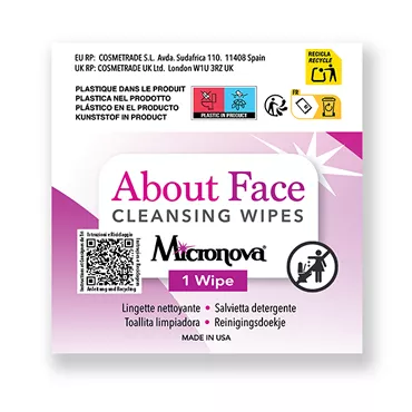 Individually packaged AboutFace biodegradable cleansing wipe